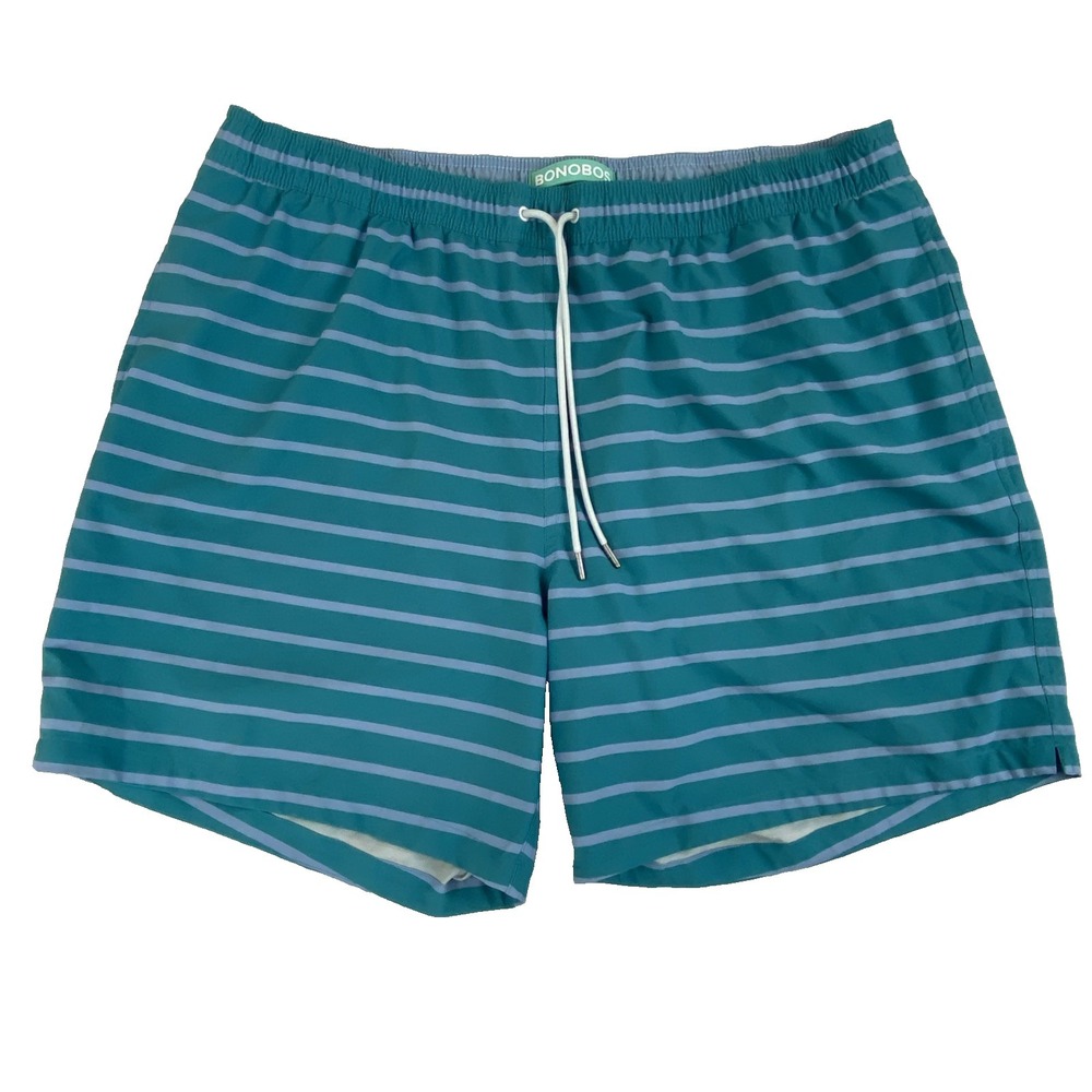 Bonobos Swim Trunks 2XL Striped Print Built-in Briefs Surf Shorts Pockets Green